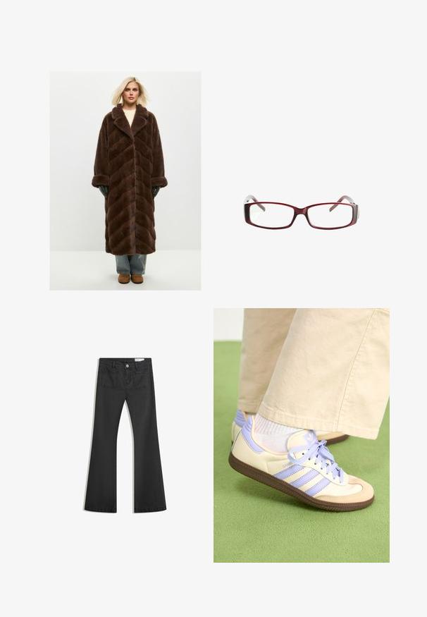 Cesare Gaspari BELTED - Zimski kaput - brown; Tamno plavi pulover s V-izrezom, dugim rukavima, rebrastim manžetama i rubom. Izrađen od mekog pletenog materijala, sa opuštenim krojem i minimalnim dizajnom.; Crne široke traperice od denima s glatkom teksturom, s dva stražnja džepa i kopčanjem na dugme u struku.; Kremasto-ljubičaste tenisice s tri pruge i strukturiranim smeškim potplatom, s vezicama i podstavljenim petom. Mekana gornja tkanina.; Crvene pravokutne naočale s elegantnim dizajnom. Prozorne leće, blago prozirne drške i gradijentni efekt od crvene do sive.