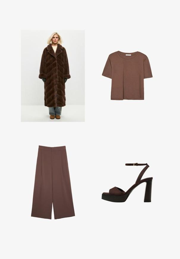 Cesare Gaspari BELTED - Zimní kabát - brown; Hnědé tričko s krátkým rukávem vyrobené z měkké látky, s kulatým výstřihem a volným střihem. Bez viditelných vzorů nebo dekorací.; Hnědé široké kalhoty s hladkou texturou, vysokým pasem a předními záhyby. Materiál je lehký a volně splývá.; Hnědé semišové sandály na vysokém podpatku s otevřenou špičkou, nastavitelným páskem kolem kotníku a proužkovou platformou.