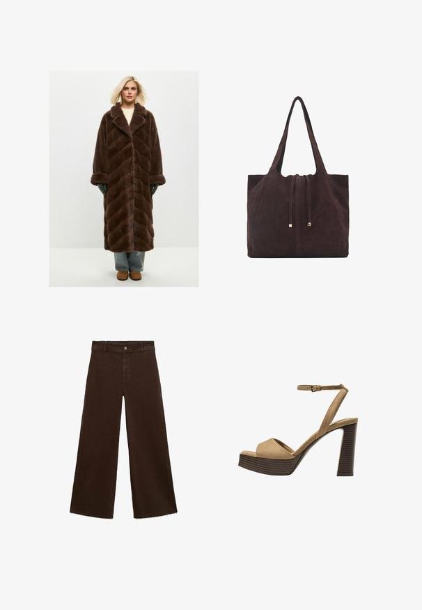 Cesare Gaspari BELTED - Zimski kaput - brown; Burgundska majica s kratkim rukavima izrađena od mekanog pamuka. Ima klasičan okrugli izrez i ležeran kroj. Jednostavan materijal, bez uzoraka i akcenata.; Smeđe široke hlače od pamuka, s raspucanim rubom, prednjim kopčanjem na dugme i klasičnim dizajnom s pet džepova. Minimalističke i svestrane.; Beige suedirane sandale s visokim potpeticama, širokom prednjom trakom i trakicom oko gležnja, s debelom drvenom blok-potpeticom s teksturiranim završetkom.; Mango Velika torba - dark brown