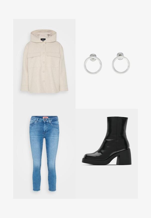 ONLY Petite ONLAUGUSTA HOOD JACKET  - Lagana jakna - pumice stone; Trije crop majice dugih rukava, složene jedna na drugu, boje bijela, bež i prigušena tirkizna, s okruglim izrezima na svijetlosivoj pozadini.; Svijetloplavi traper skinny traperice s srednjim strukom, dizajnom s pet džepova i sirovim rubovima na gležnjevima. Oznaka brenda vidljiva na struku.; Crne gležnjače s sjajnom površinom, četvrtastim vrhom i debelim blok petama. Dizajn ima besprijekornu siluetu i minimalno brendiranje.; Srebrne metalne naušnice u obliku prstena s brušenom teksturom, s kružnim dizajnom i prozirnom vrstom kopče za sigurno nošenje.