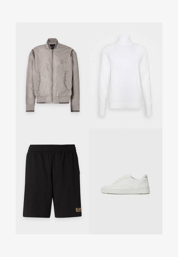 Lichtgrijze bomberjack met ritssluiting, geribde manchetten, twee voorzakken en zwarte gestreepte accenten op de schouders. Glad, glanzend materiaal.; Witte coltrui met lange mouwen, gemaakt van een zachte stof. Heeft een aansluitend ontwerp en geribde manchetten en zoom. Geen patronen of accenten.; Zwarte sportshorts van zacht materiaal, met een elastische tailleband en een klein geel EA7-logo op de onderste linkeronderbroek.; Witte leren sneaker met een gladde afwerking, ronde neus, platte veters en een gestructureerde zool. Kenmerkt zich door een subtiel logo op de hiel.