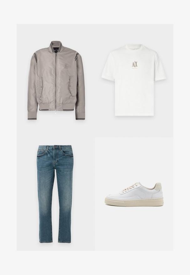 Light gray bomber jacket with a zip closure, ribbed cuffs, two front pockets, and black striped accents on the shoulders. Smooth, shiny material.; White cotton t-shirt with a crew neckline. Features a small beige logo "A|X" and "ARMANI EXCHANGE" printed below. Short sleeves, regular fit.; Medium blue straight-leg denim jeans with front pockets, button closure, and subtle whiskering details at the hips.; White sneaker featuring a smooth leather upper, beige laces, and a textured beige suede heel tab. Elevated sole for added height.