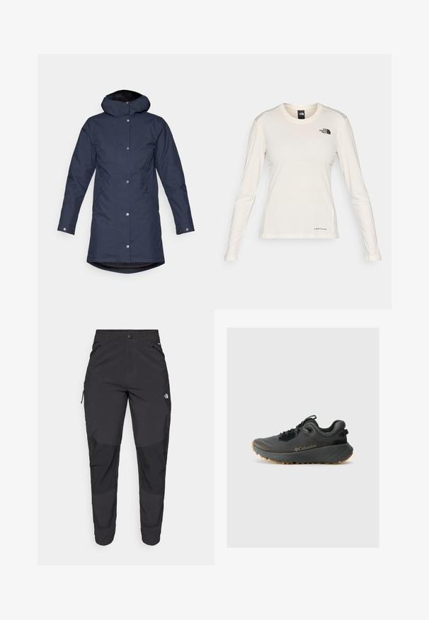 Tumedat sinine veekindel parkajakk kapuutsiga, nööpidega kinni pandud, küljetaskud ja veidi pikem seljaosa lisakaitseks.; The North Face SHADOW LONG SLEEVE - Pikkade varrukatega topp - white dune; Must black välitingimustes püksid, mis on valmistatud vastupidavast kangast. Omavad lukugaTaskuid, tugevdatud põlvepaneele ja sirget lõiget liikuvuse tagamiseks.; Columbia TERRASTRIDE CRZ - Matkajalatsid - shark/black