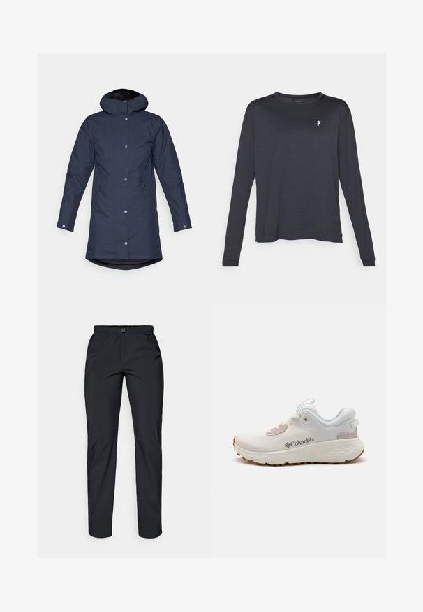 Námornícky modrý nepremokavý parka kabát s kapucňou, patentnými gombíkmi, bočnými vreckami a mierne predĺženým zadným dielom pre lepšie pokrytie.; Tmavé tričko s dlhým rukávom vyrobené z textúrovanej látky, s okrúhlym výstrihom a malým bielym logom na ľavej strane hrudi.; Čierne, ľahké, vodoodpudivé nohavice s elastickým pásom a dvoma bočnými vreckami; hladká textúra; design s rovnými nohavicami.; Ľahká športová obuv Columbia v bielej sieťovine s textúrovanou šedou podrážkou a gumovou trakciou. Obsahuje polstrovaný golier a dizajn na šnurovanie.