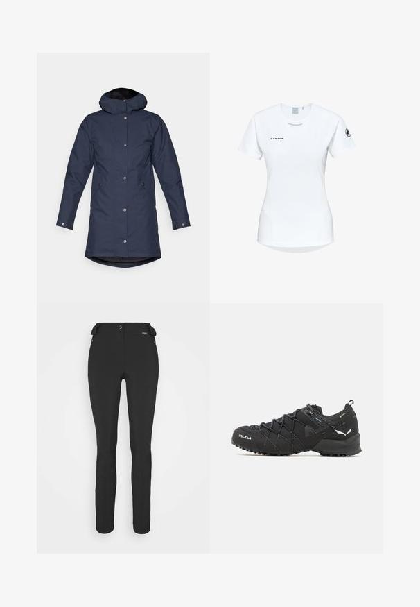 Navy blue waterproof parka jacket with a hood, snap buttons, side pockets, and a slightly elongated back for extra coverage.; Short-sleeve white athletic shirt with a round neckline, featuring a logo on the chest and a smooth, lightweight fabric texture.; Black, fitted pants made from a flexible material. Features include a zippered side pocket, articulated knees, and a smooth texture.; Black hiking shoes with a textured fabric upper, lacing system, and rugged rubber sole. Accented with reflective details and logos.