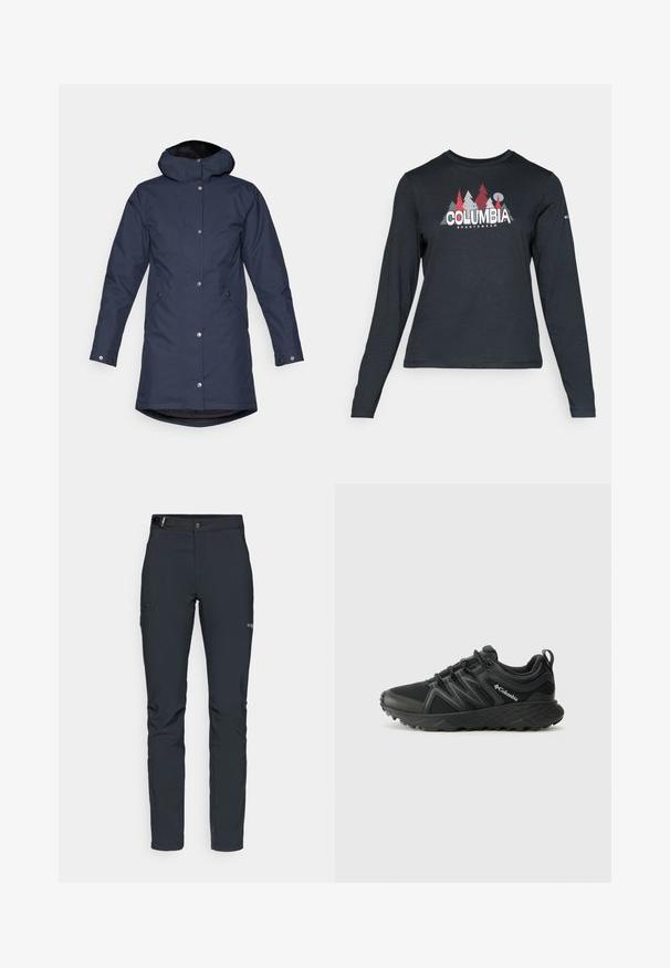 Parka impermeable de color azul marino con capucha, botones a presión, bolsillos laterales y un dorso ligeramente alargado para mayor cobertura.; Camisa de manga larga gris oscuro con un gráfico de árboles rojos y montañas; logo "COLUMBIA" en texto blanco en negrita. Tela suave, cuello redondo estándar.; Pantalones de exterior para hombre, gris oscuro, fabricados con material flexible, con cinturón, bolsillos con cremallera y costuras reforzadas.; Columbia PEAKFREAK - Zapatillas de senderismo - black