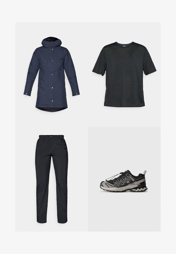 Sötétkék vízálló parka kabát kapucnival, patentgombokkal, oldalsó zsebekkel és enyhén megnyújtott hátrésszel a nagyobb fedezet érdekében.; Fekete, rövid ujjú sportpóló, könnyű, nedvességelvezető anyagból készült. Kerek nyakkivágással és kis logóval rendelkezik a mellkason.; Fekete, könnyű, vízálló nadrág rugalmas derékkal és két oldalsó zsebbel; sima textúra; egyenes lábú fazon.; Fekete és szürke sportcipő hálós felsővel, gumitalppal és elasztikus fűzőrendszerrel. Erősített orra és textúrázott részletei vannak.