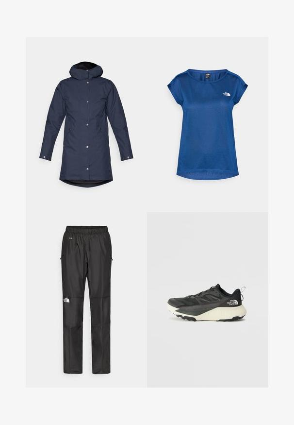 Navy blue waterproof parka jacket with a hood, snap buttons, side pockets, and a slightly elongated back for extra coverage.; The North Face TANKEN TANK - Sports T-shirt - estate blue/light heather; Black waterproof pants made from lightweight fabric, featuring an elastic waistband, side pockets, and a logo on the left leg.; Black athletic shoe with a textured upper, featuring gray accents and a white midsole. Includes a pull tab and prominent brand logo on the heel.