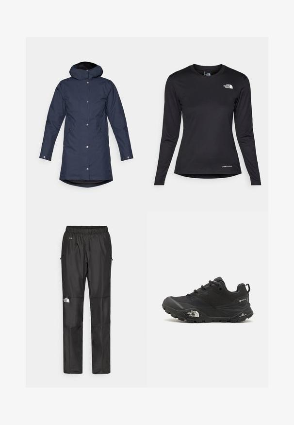 Parka imperméable bleu marine avec capuche, boutons-pression, poches latérales et un dos légèrement allongé pour une couverture supplémentaire.; The North Face SHADOW LONG SLEEVE - T-shirt à manches longues - black; Pantalons noirs imperméables en tissu léger, dotés d'une taille élastique, de poches latérales et d'un logo sur la jambe gauche.; Chaussure de randonnée noire avec une tige texturée, fermeture à lacets, et une semelle en caoutchouc épaisse présentant un logo prominent sur le côté et des motifs de semelle.