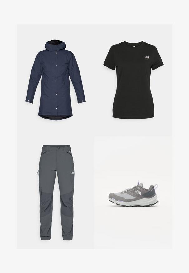 Tummansininen vedenpitävä parka-takki, jossa on huppu, napit, sivutaskut ja hieman pidennetty selkäosa lisäsuojaksi.; Musta puuvillahihaton t-paita, jossa on pyöreä kaula-aukko ja lyhyet hihat. Huomattava valkoinen logo vasemmassa yläkulmassa. Sujuva kangas ja rento leikkaus.; Tummanharmaat ulkoiluhousut, joissa on vahvistetut polvipaikat, vetoketjulliset sivu- ja etutaskut, nappisuljenta ja The North Face -logo reidessä.; Harmaa juoksukenkä, jossa on verkkomateriaalia ja synteettisiä materiaaleja, violetteja korostuksia, kuvioitu pohja ja kantapäässä vetonauha helppoa pukemista varten.