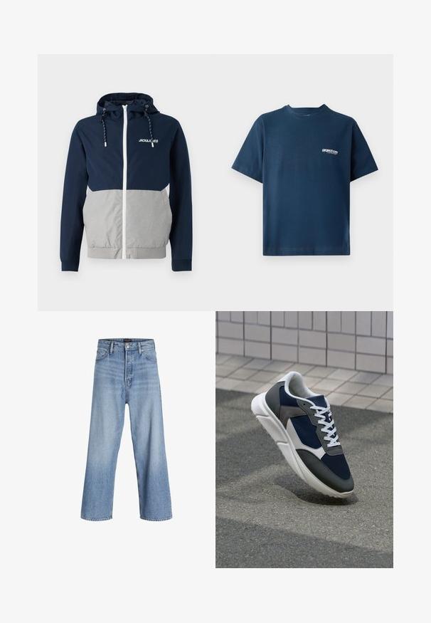 Mornarsko plava i siva jakna s patentnim zatvaračem, podesivim kapuljačom i logom "JACK&JONES"; ima glatku teksturu i kontrastne boje.; Tamno plavi pamučni majica s kratkim rukavima i okruglim izrezom. Ima mali bijeli logo na lijevoj strani prsnog područja. Mekana tekstura.; Svijetloplavi traper široke nogavice s visokim strukom, sa zatvaračem na gumbe, dizajnom od pet džepova i suptilnim izblijeđenjem. Čisti rubovi.; Tenisice s gornjim dijelom od mrežastog materijala tamnoplave boje, siva antilopova naglašavanja, bijela gumena potplat i ravne bijele vezice, dizajnirane za udobnost i prozračnost.
