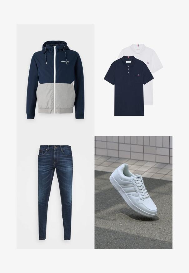 Navy- und graue Windbreaker-Jacke mit Reißverschluss, verstellbarem Kapuzen und "JACK&JONES"-Logo; zeichnet sich durch eine glatte Textur und kontrastierende Farbkombinationen aus.; Zwei Poloshirts: eines in marineblau und eines in Weiß, beide mit einem kleinen rot, weiß und blauen Akzent auf der Brusttasche und dem Kragen.; Dunkelblaue Jeans im Slim Fit mit subtiler Verwaschung, fünf Taschen und einem Metallknopfverschluss. Genähte Akzente in kontrastierender Farbe.; Weiße sportliche Sneaker mit Obermaterial aus glattem Leder, Schnürfront, durchlöchtem Zehenbereich und gemusterter Sohle. Minimalistisches Design mit drei Seitenstreifen.