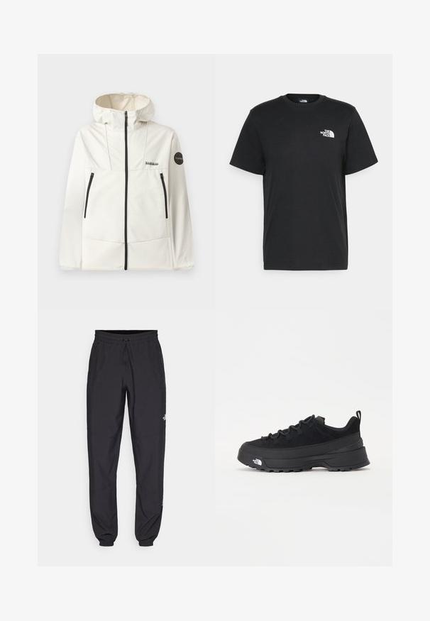 Lekka, kremowa kurtka z kapturem, z czarnymi suwakami, dwoma przednimi kieszeniami oraz okrągłym logo na lewym rękawie.; Czarna bawełniana koszulka z krótkimi rękawami, okrągłym dekoltem i małym białym logo na lewej piersi. Prosty design, gładka faktura i luźny krój.; Czarne spodenki sportowe wykonane z lekkiego materiału, z elastycznym pasem na sznurek, bocznymi kieszeniami i zwężanymi mankietami przy kostkach.; Czarne sneakersy outdoorowe z zamszowym wierzchem, teksturowaną gumową podeszwą i solidnym systemem sznurowania. Posiadają wzmocnioną piętę oraz logo marki na boku.