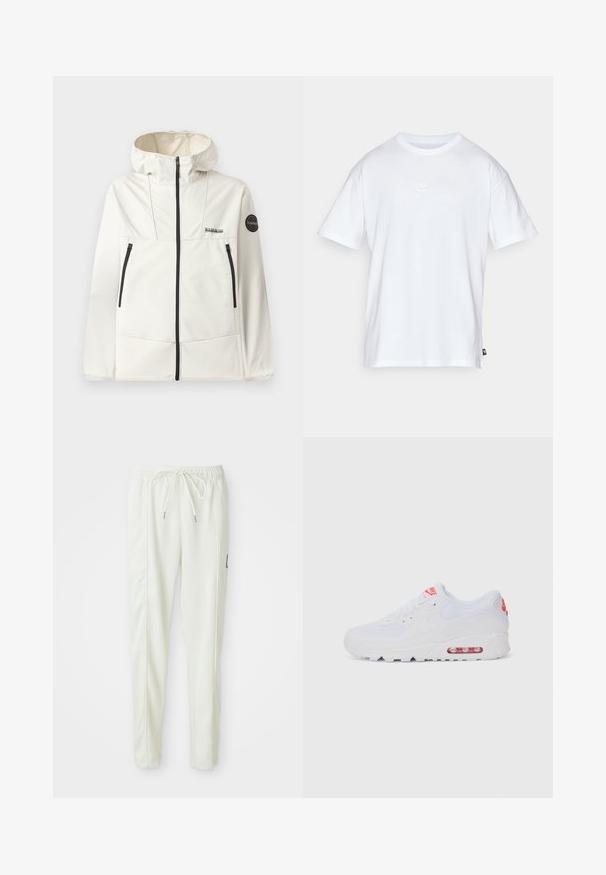 Lichtgewicht, crèmekleurige jas met een capuchon, voorzien van zwarte ritsen, twee voorzakken en een ronde logo op de linkermouw.; Witte katoenen t-shirt met korte mouwen en een ronde hals. Heeft een klein, subtiel Nike-logo op de borst en een zijlabel.; Witte slim-fit joggerbroek met elastische tailleband en trekkoord, met details aan de zijnaad en een klein zwart label op het rechterbeen.; Witte sportieve sneaker met een gladde bovenkant, vetersluiting, gevoerde zool en een zichtbare luchtunit met rode accenten op de branding.