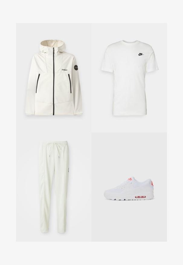 Lengvas, grietinėlės spalvos švarkas su kapišonu, su juodais užtrauktukais, dviem priekinėmis kišenėmis ir apvaliu logotipu ant kairiojo rankovių.; Balta medvilninė trumpomis rankovėmis marškinėliai su apvalia iškirpte ir juodu Nike logotipu kairėje krūtinės pusėje. Lygus paviršius ir klasikinis siluetas.; Baltos lieknos jogger kelnes su elastinga juosta ir raišteliu, turinčios šonines siūles ir mažą juodą emblemą dešinėje kojoje.; Baltos sportinės sneaker'iai, turintys lygų paviršių, raištelių uždarymą, paminkštintą padą ir matomą oro vienetą su raudonomis akcentais ant prekės ženklo.