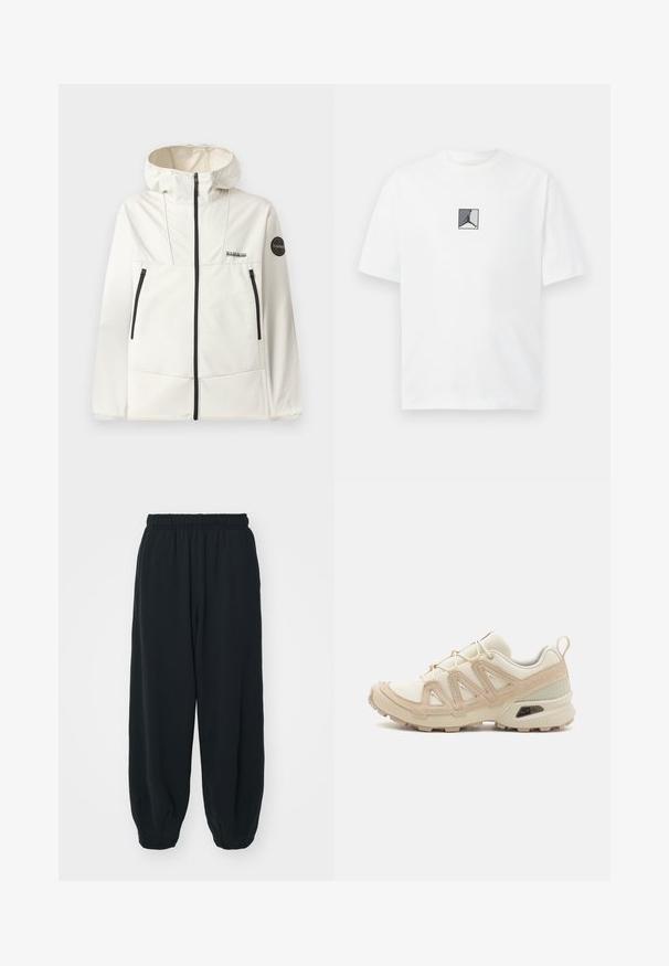 Lightweight, cream-colored jacket with a hood, featuring black zippers, two front pockets, and a circular logo on the left sleeve.; White cotton t-shirt featuring a central black and gray logo graphic. Classic crew neckline and short sleeves with a relaxed fit.; Black, elasticated-waist sweatpants with a loose fit, cuffed ankles, smooth texture, and no visible patterns or hardware accents.; Beige and cream athletic shoe with textured mesh upper, supportive overlays, and rubber outsole featuring a tread pattern for traction.