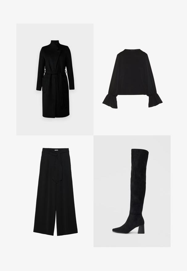 Bruuns Bazaar CATARINABBPERLE COAT - Klassisk frakke - black; Sort langærmet top med flagrende manchetter, blød tekstur og en afslappet pasform, samt en enkel rund halsudskæring.; Sorte vide bukser i en tekstureret stofkvalitet, med elastisk talje og et aftageligt bånd i taljen for justerbar pasform.; Sorte ruskind støvler i knæhøjde med blokheel, spids tå og glat, sømløs design på en enkel lys baggrund.