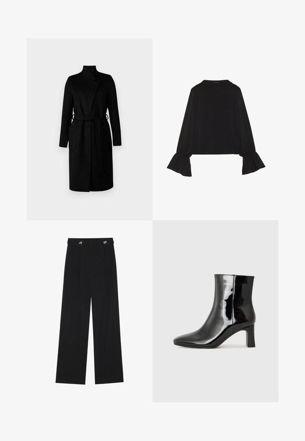 Bruuns Bazaar CATARINABBPERLE COAT - Klasikinis paltas - black; Juoda ilgomis rankovėmis palaidinė su išsiplėtusiais rankogaliais, minkšta tekstūra ir laisva forma, su paprastu apvaliu kaklu.; Juodi plačios kojos kelnės su aukštu liemeniu, sagų detalėmis ant liemens ir priekinėmis raukšlėmis.; Juodos lakuotos odinės aulinukės su smailiu pirštu ir vidutinio aukščio blokuotu kulnu. Lygus paviršius ir minimalistinis dizainas.