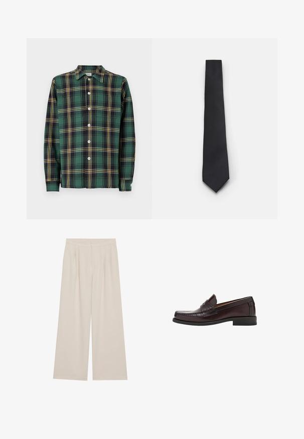 Green flannel shirt with black and yellow plaid pattern, long sleeves, a collar, and button front closure.  Features white buttons and a label.; White button-up shirt with long sleeves, made of smooth cotton fabric, featuring a classic collar and subtle sheen. Five buttons down the front.; Beige wide-leg trousers with a flat front, pleats, and an elastic waistband. Made from a lightweight fabric with a smooth texture.; Brown leather loafers with a rounded toe, decorative stitching on the front, and a flat rubber sole for support and durability.; Narrow black tie with a textured, diagonal ribbed pattern. Features a pointed tip and a smooth finish. Suitable for formal wear.