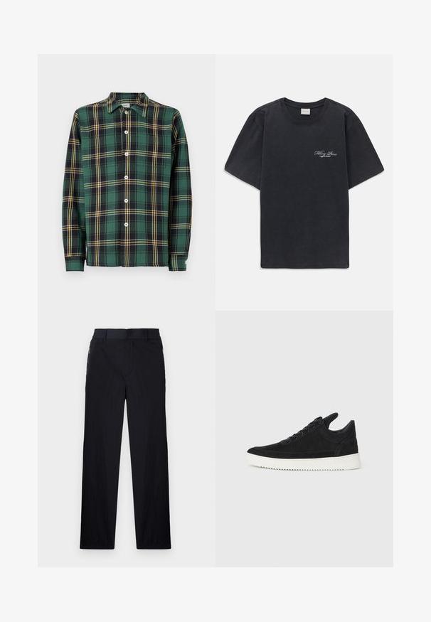 Zöld flanel ing fekete és sárga kockás mintával, hosszú ujjú, gallérral és gombos elülső zárással. Fehér gombokkal és címkével rendelkezik.; Fekete, rövid ujjú, kerek nyakú póló, bal mellen kis fehér "Filling Pieces" szöveges logóval.; Fekete nadrág könnyű, textúrált anyagból, egyenes szárú kialakítással, rugalmas derékpánttal és oldalsó cipzáras zsebekkel.; Fekete nubuk sportcipő fehér gumitalppal, tónusos varrással és fűzős kialakítással. Simák a textúrája, modern, letisztult formával rendelkezik.