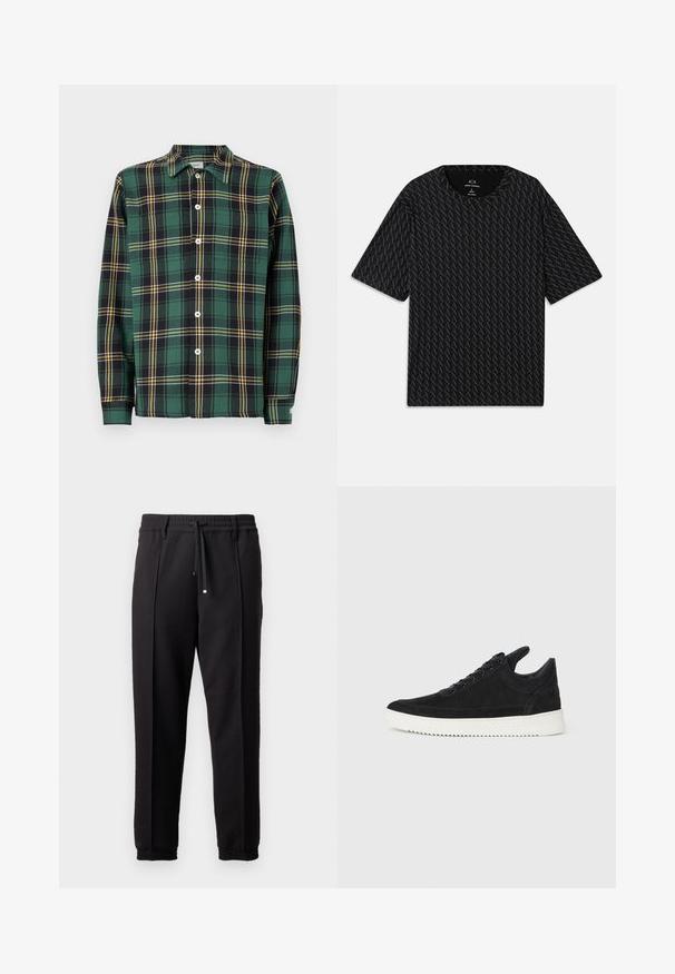 Zelená flanelová košeľa s čierno-žltým kockovaným vzorom, dlhé rukávy, golier a zapínanie na gombíky. Má biele gombíky a štítok.; Čierne tričko s textúrovaným vzorom striedajúcich sa log 'A', krátke rukávy a okrúhly výstrih. Vyrobené z ľahkého materiálu.; Čierne nohavice s pásom, šnúrkou na stiahnutie a elastickými manžetami. Obsahujú pútkové prešitia a hladkú, textúrovanú látku.; čierne semišové tenisky s bielou gumovou podrážkou, s tonálnym prešívaním a šnurovaním. Hladká textúra s moderným, zjednodušeným tvarom.