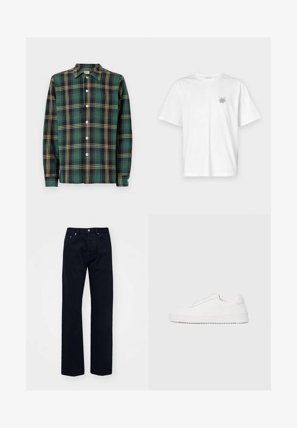 Grünes Flanellhemd mit schwarz-gelb kariertem Muster, langen Ärmeln, einem Kragen und durchgehender Knopfleiste. Verfügt über weiße Knöpfe und ein Etikett.; Weißes T-Shirt aus Baumwolle mit kurzen Ärmeln, Rundhalsausschnitt und kleinem grauen Logo auf der linken Brustseite. Glatte Textur.; Schwarze Denim-Jeans mit geradem Bein, ausgestattet mit einem Knopf- und Reißverschluss, fünf Taschen und tonal abgesteppten Nähten.; Weißer Sneaker mit einem Obermaterial aus glattem Leder, abgerundetem Zehenbereich, Schnürsenkeln, strukturierten seitlichen Akzenten und einer dicken Gummisohle. Minimalistisches Design.