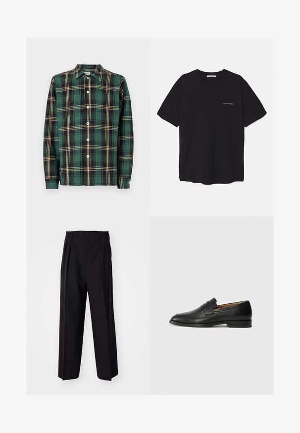 Grønn flanellskjorte med svart og gul rutete mønster, lange ermer, krage og knappelukking. Har hvite knapper og et merke.; Svart bomull T-skjorte med rund hals, korte ermer, og hvit logo trykk på venstre bryst. Enkel, ensfarget design.; Sorte plissert bukser med en rett, bred benform. Laget av glatt stoff, med knappelukking og beltehemper.; Svart skinnloafer med rund tå, subtilt sydd detaljering og lav hæl, med en glatt tekstur og minimalistisk design.