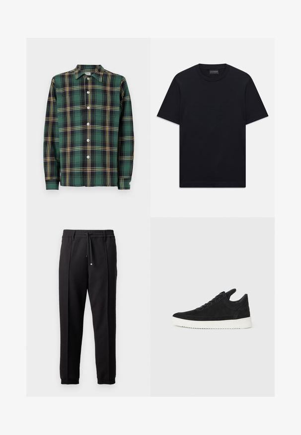 Zaļš flanelis krekls ar melnu un dzeltenu rūtiņu rakstu, garām piedurknēm, apkakli un pogu priekšējo aizdari. Iespējamas baltas pogas un etiķete.; Melnas īsām piedurknēm T-krekls ar apaļu kakla izgriezumu, ar smalku iepresētu logotipa dizainu krūšu centrā un zīmola etiķeti apakšā kaklā.; Melni bikses ar jostu, staipāmu un elastīgām aprocēm. Ar krokām un gludu, teksturētu audumu.; Melna zamša apavi ar baltu gumijas zoli, ar tonālu izšuvumu un auklu dizainu. Gluda tekstūra ar mūsdienīgu, plūstošu formu.