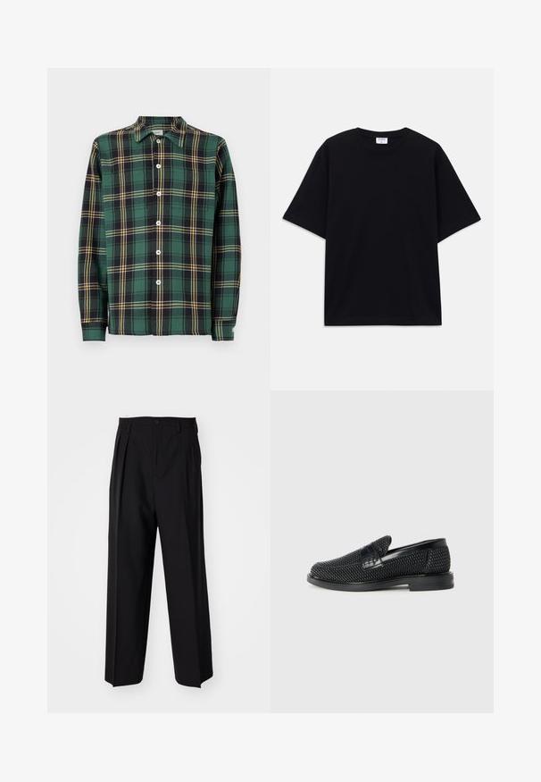 Zielona flanelowa koszula w czarno-żółty kraciasty wzór, z długimi rękawami, kołnierzykiem oraz zapięciem na guziki z przodu. Posiada białe guziki i metkę.; Czarny, krótki rękaw, oversize'owy T-shirt z okrągłym dekoltem i widoczną metką marki Filippa K wewnątrz kołnierza.; Czarne plisowane spodnie o prostym, szerokim kroju nogawek. Wykonane z gładkiego materiału, z zapięciem na guzik i pętelkami na pasek.; Czarny, pleciony but wsuwany z gładkim skórzanym akcentem na cholewce, o okrągłym nosku i niskoprofilowej gumowej podeszwie.