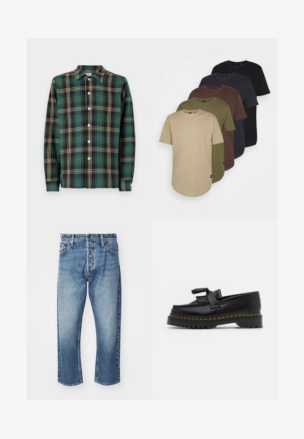 Green flannel shirt with black and yellow plaid pattern, long sleeves, a collar, and button front closure. Features white buttons and a label.; Five t-shirts arranged in gradient colors: beige, olive, brown, dark blue, and black. Made of soft cotton with short sleeves and round neck.; Denim jeans in light blue with a faded finish. Features a straight cut, five pockets, and a silver button closure.; Black leather loafer with a tasseled accent, featuring a chunky black sole and yellow stitching along the edge. Textured finish.