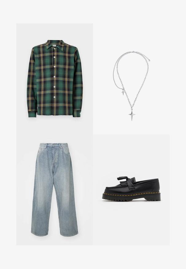 Vihreä flanellipaita, jossa on musta-ja-keltainen ruudullinen kuvio, pitkät hihat, kaulus ja nappisuljenta edessä. Sisältää valkoisia nappeja ja etiketin.; Musta pitkähihaisen henley-paita, joka on valmistettu pehmeästä kankaasta. Paita sisältää napitettavan aukon, pyöreän pääntien ja istuvat hihat.; Vaaleansiniset farkut, joissa on rento istuvuus, korkea vyötärö, viisi taskua ja kontrastivärinen ommel. Ominaisuuksina suora lahje ja siistit helmat.; Musta nahkakengät, joissa on tupsuakkentti, paksu musta pohja ja keltainen ommel reunassa. Rakeinen pinta.; Heideman LUCA - Kaulakoru - silberfarben poliert