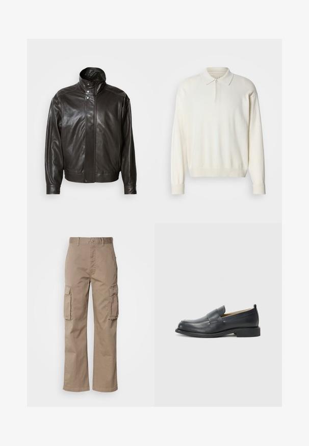 Brązowa skórzana kurtka z wysokim kołnierzem, metalowymi zatrzaskami i eleganckim krojem. Posiada gładką teksturę i subtelne detale przeszycia.; Biała, długorękawowa polo sweter wykonany z miękkiego materiału, z klasycznym kołnierzykiem, listwą guzikową oraz ściągaczami przy mankietach i u dołu.; Beżowe spodnie cargo z bawełny, charakteryzujące się luźnym krojem, z dwoma bocznymi kieszeniami i zapięciem na guzik w pasie.; Czarne skórzane mokasyny z gładkim wykończeniem, płaską podeszwą i zaokrąglonym czubkiem, ozdobione paskiem na górze.