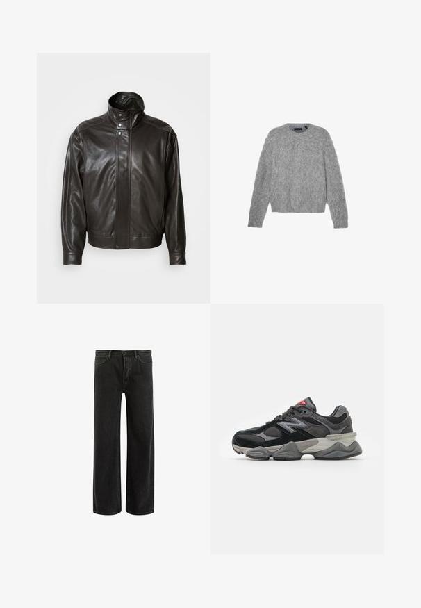 Rudas odinė striukė su aukštu apykakle, metaliniais užsegimais ir aerodinamišku dizainu. Pasižymi lygiu paviršiumi ir subtiliu siuvinėjimo detalėmis.; Pilkas, ilgomis rankovėmis megztinis, pagamintas iš pūkuoto audinio, su apvalia iškirpte ir trumpu kirpimu. Lygus paviršius su švelnia, lengva išvaizda.; Žalias medvilninis marškinėliai su trumpomis rankovėmis, įpjautu apykakle ir išsiuvinėtu Nike logotipu ant krūtinės. Turi lygų paviršių ir laisvą pritaikymą.; Juodi džinsai plačiomis kojomis su aukštu liemeniu, su klasikinio penkių kišenių dizainu ir švelniu prasiskverbimu dėl tekstūruotos išvaizdos.; Juodos ir pilkos sportbačiai su zomšos ir tinklelio medžiagų mišiniu, storu padu, išsiskiriančiu logotipu ir raudona akcentu ant liežuvėlio.