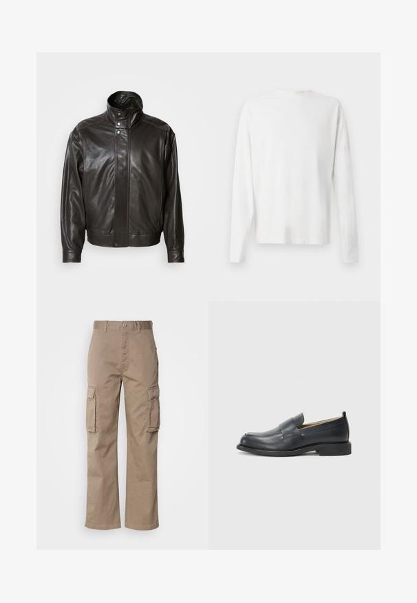 Rjava usnjena jakna z visokim ovratnikom, kovinskimi zapirali in poenostavljenim dizajnom. Opremljena je s gladko teksturo in diskretno podrobnostjo šivanja.; Bela bombažna srajca z dolgimi rokavi in okroglo ovratnikom, z bočnimi razporki na dnu in gladko teksturo, prikazana s hrbtne strani.; Beige cargo hlače iz bombaža, v sproščenem kroju, z dvema stranskima žepoma in gumbom za zapiranje v pasu.; Črne usnjene loaferje z gladko površino, ravnim podplatom in okroglo konico ter dekorativnim trakom čez zgornji del.