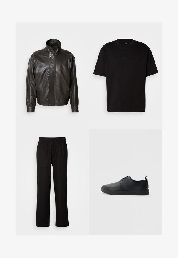 Pruun nahkjakk kõrge kraega, metallist nööbiklõpsudega ja voolava disainiga. Omab siledat tekstuuri ja peeneid õmbluse detaile.; Must muströöpidega must puuvillane t-särk, millel on esiküljel reljeefne "Calvin Klein" logo, ümmargune kaelus ja lõdvestunud istuvus.; Mustad lõdva istuvusega mustad püksid, mis on valmistatud kergest kangast. Omavad elastset vöökohta, nööbiga sulgemist ja kahte esist taskut.; Mustaläik nahast spordijalatsid siledaga viimistlusega, ümarate varvastega, sama tooni õmblustega, nööbid ees, ja lamedate kummist tallaga. Kannas aas.