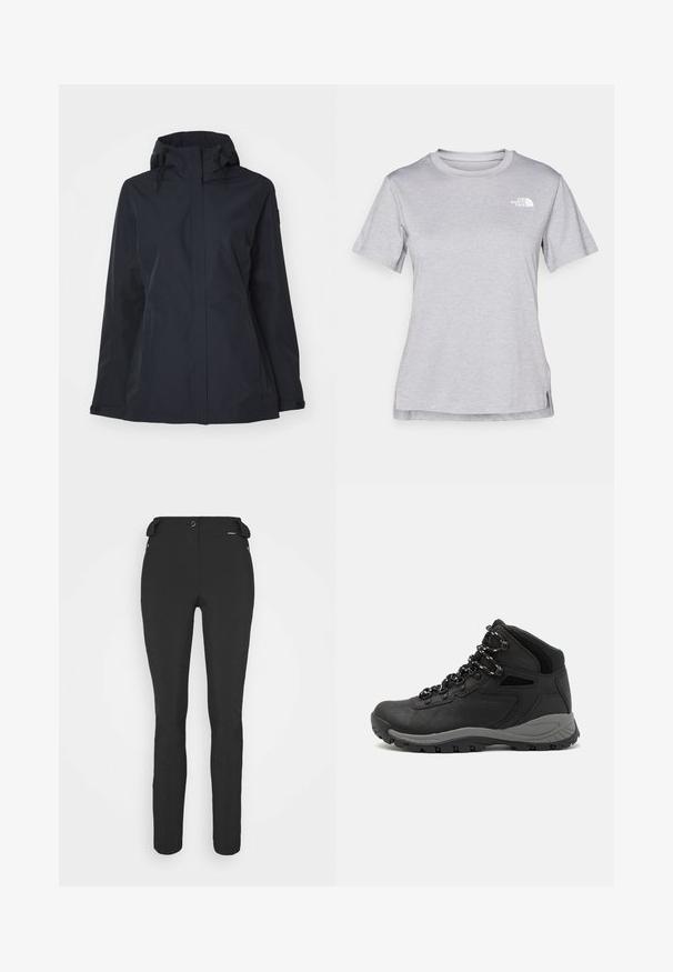 Tmavě námořnická voděodolná bunda s kapucí, nastavitelnými šňůrkami, bočními kapsami a hladkým povrchem. Rovný střih pro uvolněný fit.; Šedé tričko s krátkým rukávem vyrobené z měkké, vlhkosti odvádějící tkaniny. Obsahuje kulatý výstřih a malé bílé logo na levém horním rukávu.; Černé, přiléhavé kalhoty vyrobené z pružného materiálu. Mezi funkce patří boční kapsa na zip, anatomické kolena a hladký povrch.; Černé turistické boty s mírně vyšším střihem, které mají texturovaný svršek, šedé detaily a odolnou gumovou podrážku s trakčními výstupky.