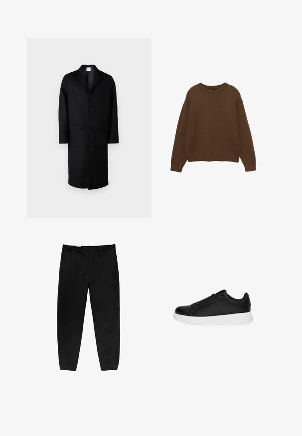 Samsøe Samsøe SATESFA COAT - Klassinen takki - black; Ruskea neulepaita, jossa on pyöreä kaula-aukko, pitkät hihat ja rento istuvuus. Sileä pinta ja ribbaatut hihansuut sekä helmassa.; Mustat joustavat vyötäröhousut, joissa on nyöri, kapenevat lahkeet, sivutaskut ja hienovaraiset sivustikkaukset. Pehmeä puuvillakangas.; Musta urheilukenkä, jossa on sileä nahkatunne, valkoinen kumipohja, pyöreä kärki ja kuuden silmukan nauhoitus.