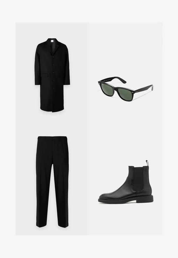 Samsøe Samsøe SATESFA COAT - Klassischer Mantel - black; Braunes kariertes Langarmhemd mit Button-Down-Kragen, mit lockerer Passform und leicht abgerundetem Saum. Der Stoff ist texturiert.; Schwarze Hosen aus glattem Stoff, mit geradem Schnitt, zwei vorderen Taschen und einem Reißverschluss mit Knopfverschluss.; Schwarze Leder-Ankle-Boots mit glatter Textur, elastischen Seitenpaneelen und einer Zuglasche. Runde Zehenpartie und flache Gummisohle mit minimalem Profil.; Schwarze Plastiksonnenbrille mit grünen Gläsern, quadratischen Rahmen, silbernem Akzent auf der Augenbraue und strukturierten Bügeln. Angegebene Marke auf dem inneren Bügel.