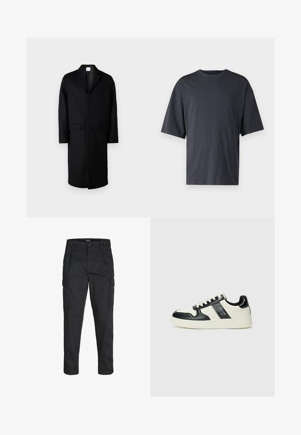 Samsøe Samsøe SATESFA COAT - Klassisk frakke - black; Mørkegrå kortærmet t-shirt lavet af letvægtsbomuld, med en løs pasform og klassisk rund halsudskæring, uden mønstre og med ensartet tekstur.; Sorte cargo-bukser lavet af slidstærkt stof, der har flere lommer, en knaplukning og et slim fit design med smalle ben.; Lædersneakers i sort og creme farveskema, med perforerede detaljer, en polstret krave og en struktureret ydersål.