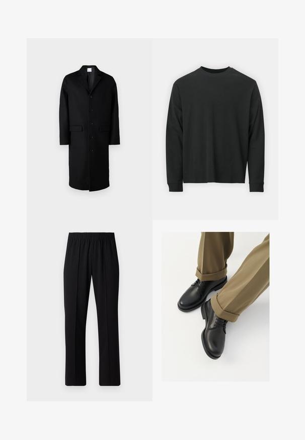 Samsøe Samsøe SATESFA COAT - Klasický kabát - black; Čierne tričko s dlhým rukávom vyrobené z bavlny, s okrúhlym výstrihom, vo voľnom strihu a rebrovanými manžetami. Hladká textúra bez viditeľných vzorov.; Čierne nohavice s elastickým pásom a rovnými nohavicami, majú hladkú textúru a žiadne viditeľné vzory ani kovové doplnky.; Čierne kožené vychádzkové topánky s hladkým povrchom, s šnúrkami a zaoblenou špicou, skombinované s vyhrňovaný khaki nohavicami.