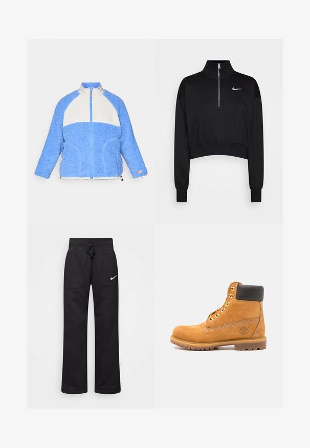 Svetlomodrá fleecová bunda s bielou panelou, so zipsom vpredu, vysokým golierom a textúrovaným povrchom. Obsahuje bočné vrecká a oranžové akcenty.; Čierny skrátený sveter s vysokým golierom, polovičným zipsom, rebrovanými manžetami a malým bielym logom Nike na ľavej hrudi. Mäkká textúra látky.; Čierne tepláky vyrobené z bavlnenej zmesi, s elastickým pásom na šnúrku, rovnými nohavicami a bielym logom Nike na ľavej strane.; Hnedé kožené členkové topánky s čiernym polstrovaním, zlatými očkami a štruktúrovanou podrážkou. Obsahujú kruhové logo na boku a akcenty v podobe šitia.