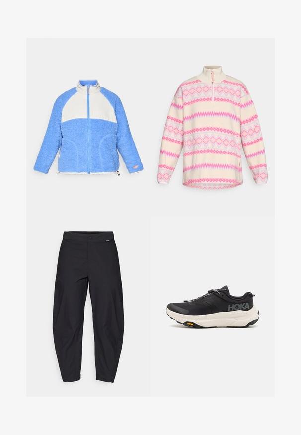 Light blue fleece jacket with a white panel, zippered front, high collar, and textured finish. Features side pockets and orange accents.; Fleece pullover in cream with pink and purple zigzag and diamond patterns, featuring a half-zip collar and long sleeves.; Black, loose-fitting pants with a button closure and side pockets, displayed against a white background.; Black athletic shoes with a breathable mesh upper, rubber outsole, white cushioning midsole, and reflective laces. Vibram logo on outsole.