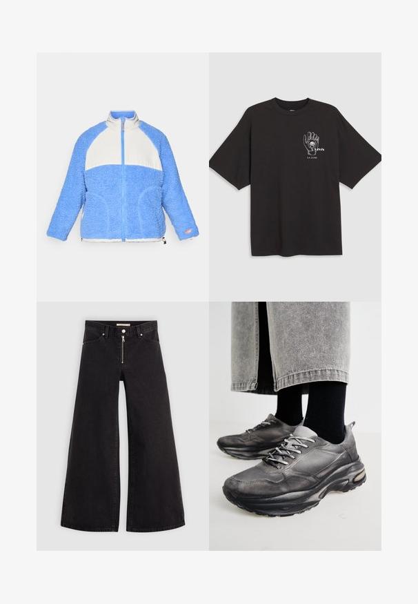 Giacca in fleece azzurro chiaro con pannello bianco, chiusura frontale con zip, colletto alto e finitura testurizzata. Presenta tasche laterali e dettagli arancioni.; T-shirt in cotone nero con maniche corte, che presenta una grafica a mano e la scritta "Levi's LA LUNE" in bianco nella zona sinistra del petto.; Jeans a gamba larga in denim nero con chiusura a zip, design a cinque tasche e dettagli di cucitura sottili. Texture morbida e stile casual.; Le scarpe da ginnastica nere e grigie presentano una tomaia in rete, suole spesse e lacci. Hanno una punta arrotondata e un dettaglio di ammortizzazione visibile.