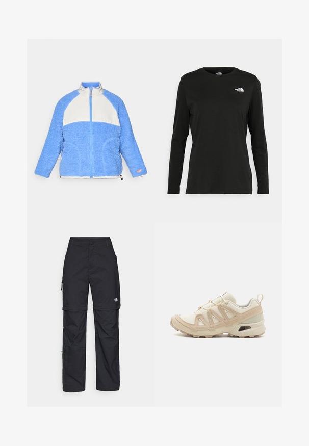 Heledsinine fliiskindel jakk valge paneeliga, lukuga ees, kõrge kaelusega ja tekstuurse viimistlusega. Omab küljetaskuid ja oranže detaile.; Must mustahiheline T-särk, millel on pikad varrukad, valmistatud puuvillast ja ümarast kaelusest. Vasakul rinnal on väike valge logo. Lihtne disain ja sobivus.; Mustad nailonist valmistatud eemaldatavad cargo-püksid, reguleeritavate pahkluudega, mitmete taskutega ja paremal jalal logoga. Sile, kerge tekstuur.; Beež ja koobalti spordijalats tekstureeritud võrkkattega, toetavad ülemised kihid ja kummist tallaga, millel on mustriga joonistus haardeks.