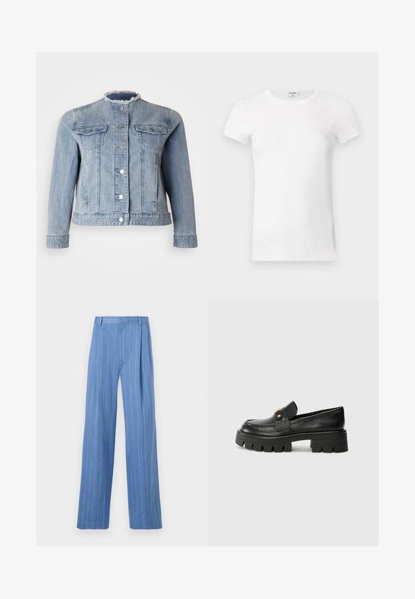 MICHAEL Michael Kors FRYD - Džinsa auduma jaka - sky haze; Balts ribots īsām piedurknēm T-krekls ar apaļu kaklu. Audumam ir gluda virsma un tas ir pieguļošs. Zīmola etiķete redzama pie apkakles.; Gaiši zili platajā kāja bikses ar vertikālām balta līnijām. Izgatavotas no gluda materiāla, ar priekšējo kroku un vienkāršu jostas dizainu.; Melni ādas mokasīni ar masīvu zoli, ar zeltaini akcentu priekšā un gludu apdari. Masīva protektora dizains uz zoles.