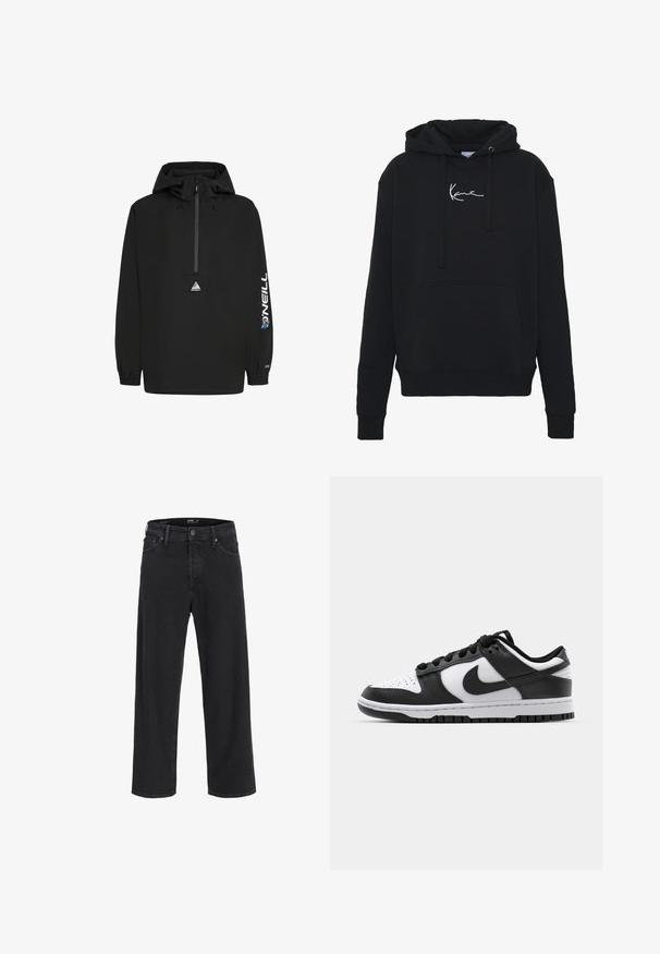 Must mustega tuulejope kapuutsiga, pooltõmblukk ees, elastsed mansetid, O'Neill logo varrukal ja kolmnurkne logo rinna peal.; Musta huppari pehmest kangast, millel on eesmine tasku, nöörid ja valge logo tikand rinnal. Klassikaline lõige ja soonikkoes varrukad.; Mustad sirgedega teksapüksid, millel on nööp ja lukuga sulgemine, vöökohaga silmad ning ees- ja tagataskud.; Mustavalged Nike Dunk tossud, millel on nahk ülemine osa, perforeeritud varvaseosa, mustad paelarid ja must kummist tall, millel on mustriga disain.