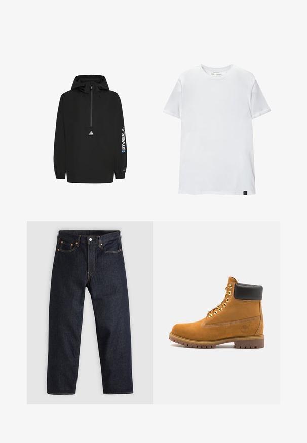 Black windbreaker with a hood, half-zip front, elastic cuffs, O'Neill logo on the sleeve, and a triangular logo on the chest.; White muscle fit t-shirt made of cotton. Round neck, short sleeves, smooth texture. Small black logo tag at the hem. Plain design.; Dark blue denim jeans with a straight cut, five pockets, contrasting orange stitching, and a button fly. No visible patterns or embellishments.; Tan suede ankle boot with black padded collar, gold metal eyelets, white stitching detailing, and rugged rubber sole with pronounced treads.