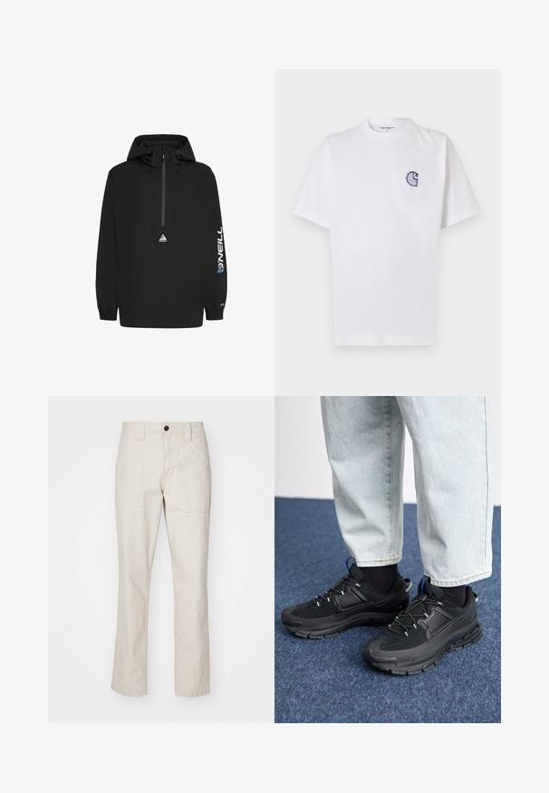 Svart vindjacka med huva, halvdragkedja fram, elastiska ärmar, O'Neill-logotyp på ärmen och en triangulär logotyp på bröstet.; Vitt bomullst-shirt med korta ärmar, rund halsringning och en liten, broderad blå "C"-logga på vänster bröst.; Beiga bomullbyxor med rak bendesign, som har två framfickor, en enkel knappstängning och synliga sömnadsdetaljer.; Svarta sportskor med texturerat tyg och gummisulor, med elastiska snörningar och en blå detalj på hälen. Bärs med ljusa jeans.