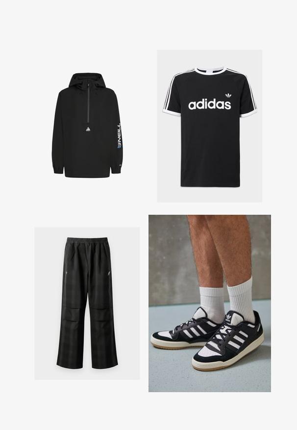 Mustat tuulitakit, joissa on huppu, puoli vetoketju edessä, joustavat hihansuut, O'Neill-logo hihassa ja kolmiomallinen logo rinnassa.; Musta puuvillainen t-paita, jossa on valkoinen Adidas-logo, kolme valkoista raitaa olkapäillä sekä valkoiset reunukset kaula-aukossa ja hihoissa.; Mustat ruudulliset housut, joissa on joustava vyötärö, kaksi etutaskua ja rento istuvuus suoralla lahkeella. Valmistettu kevyestä materiaalista.; Valkoiset ja mustat tennarit, joissa on mokkanahka- ja nahkapäällinen, kolme valkoista raitaa, rei'itetty kärki ja kumipohja.
