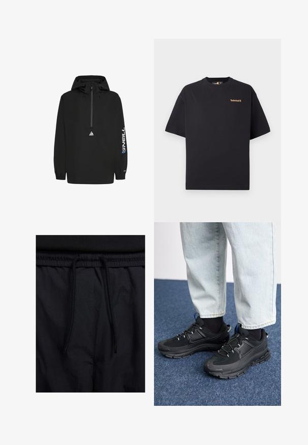 Fekete szélálló dzseki kapucnival, félig cipzáras elülső résszel, rugalmas mandzsettákkal, O'Neill logóval a kézfejen és egy háromszög alakú logóval a mellkason.; Fekete, rövid ujjú, kerek nyakú Timberland póló, kicsi, világosbarna logóval a bal felső mellrészén, fehér háttér előtt.; Fekete rövidnadrág, húzózsinórral ellátott derékrésszel, könnyű anyagból, sima felszínen, egyszerű dizájnnal, látható logók vagy minták nélkül.; Fekete sportcipők texturált anyaggal és gumitalppal, elasztikus fűzőkkel és kék kiegészítővel a saroknál. Világos farmernadrággal viselve.